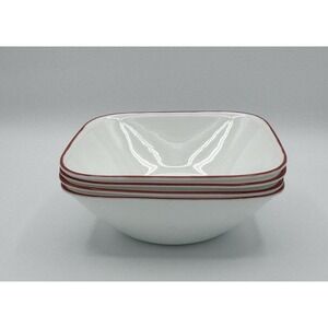 Corelle Happy Days Set of 4 Square Soup Cereal Bowls White Red Rim USA